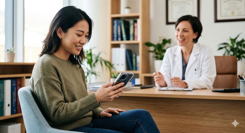 Woman reviewing health data on her phone at a doctor visit
