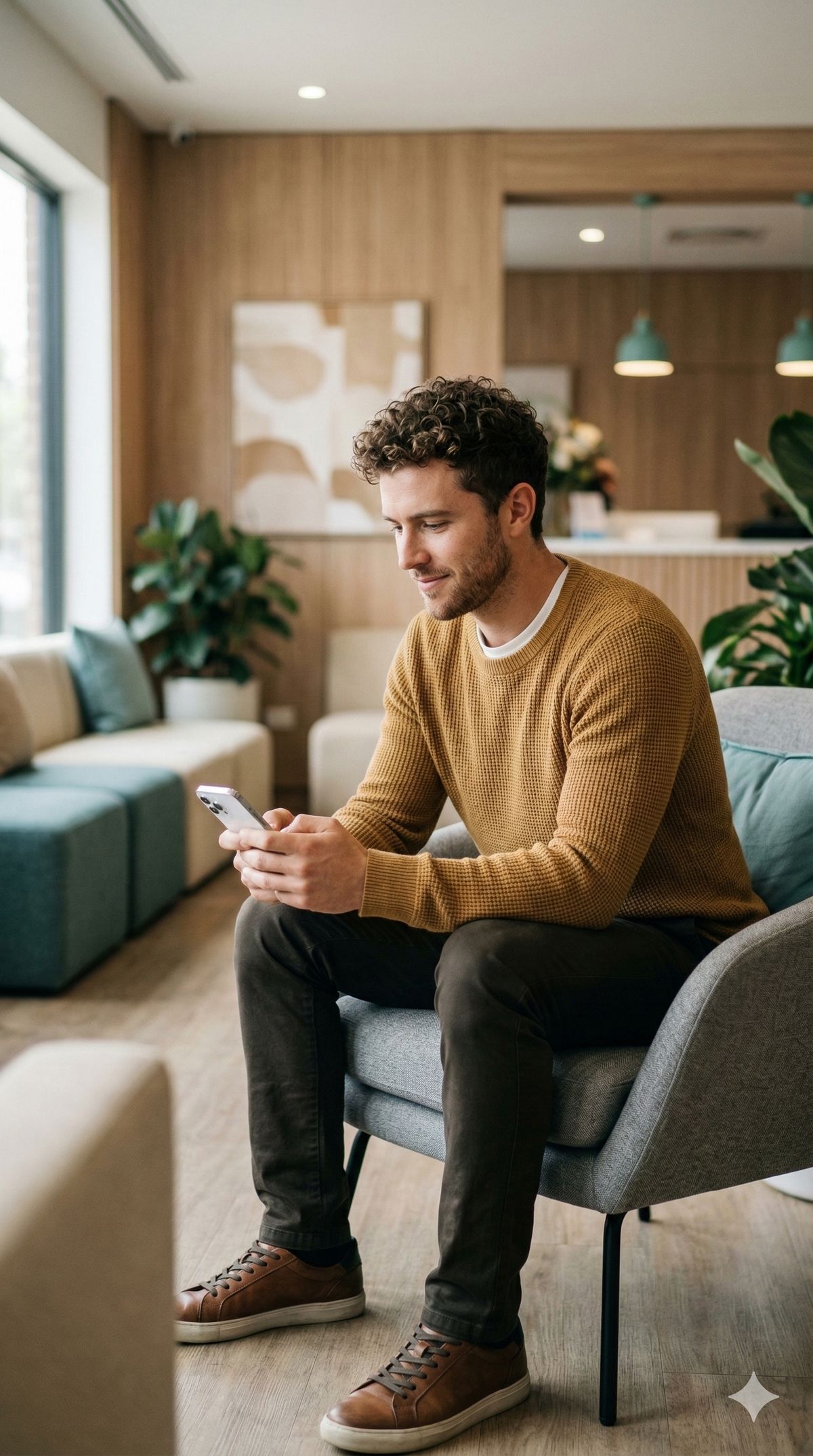 Man checking symptoms on phone in doctor's office